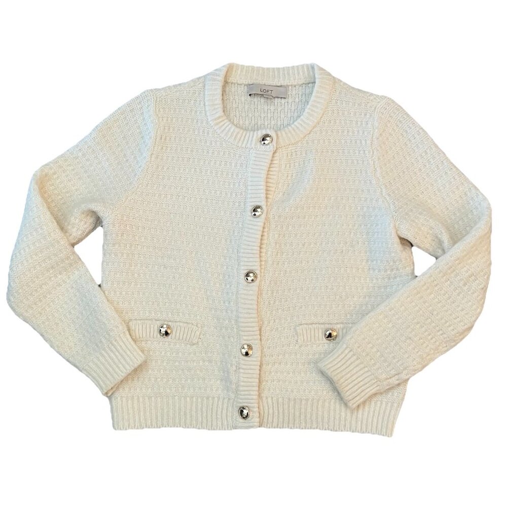 LOFT Cream Knit Button-Front Cardigan